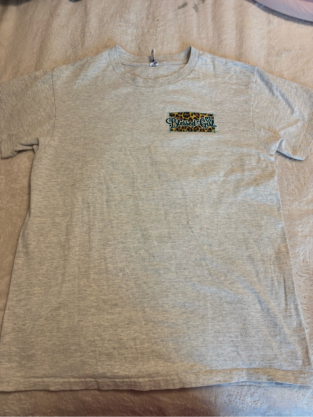 Gray Short Sleeve Tee with Leopard 'Blessed Girl' Chest Graphic two small holes